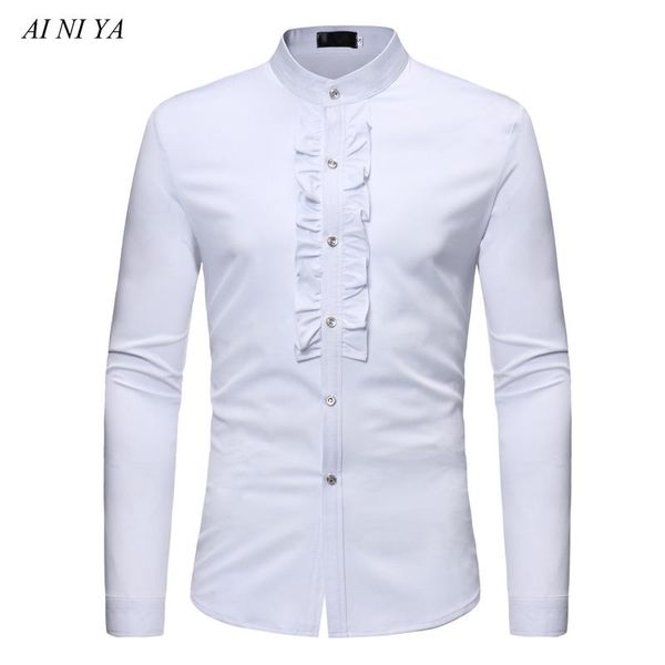

men's dress shirts mens ruffle tuxedo slim fit long sleeve stand collar shirt men prom performing wedding chemise homme, White;black