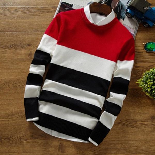 

new men sweater autumn fashion men's pullover sweaters long sleeve round neck striped knitting cashmere christmas sweater men1, White;black