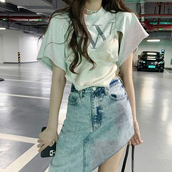 

aaw036 lace satin panel short sleeve cotton t-shirt for women a2, White