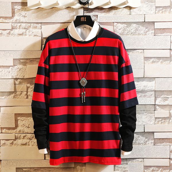 

2021 new autumn spring fashion oversized striped male tshirt tiles long sleeve the neck shirt for man t apeq, White;black