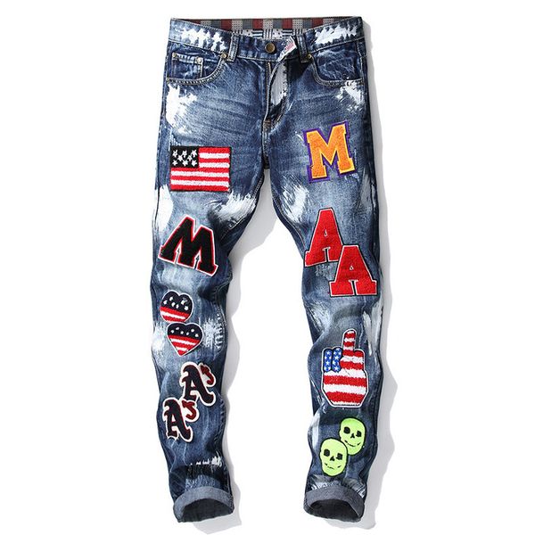 

men's fashion ny painted us flag letters embroidery brand jeans joggers, Blue