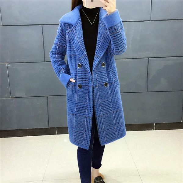 

long cardigan female 2020 autumn winter long sleeve cardigan women sweater women knitted lattice jacket thicken woolen coat, Black