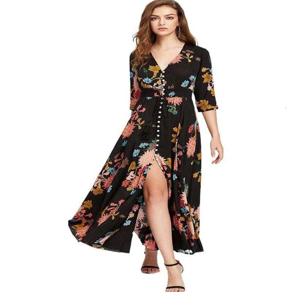 

pattern 2019 ethnic new v-neck bohemian loose long mid sleeve dress trendy fashion high-end atmosphere, Black;gray
