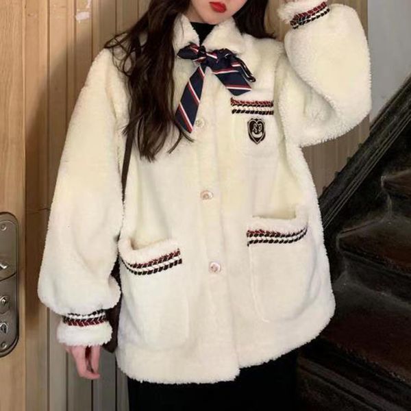 

faux fur overcoat for women thick imitation lamb wool students tide 2021 winter student lamb wool cardigan jackets bow coats t200915, Black