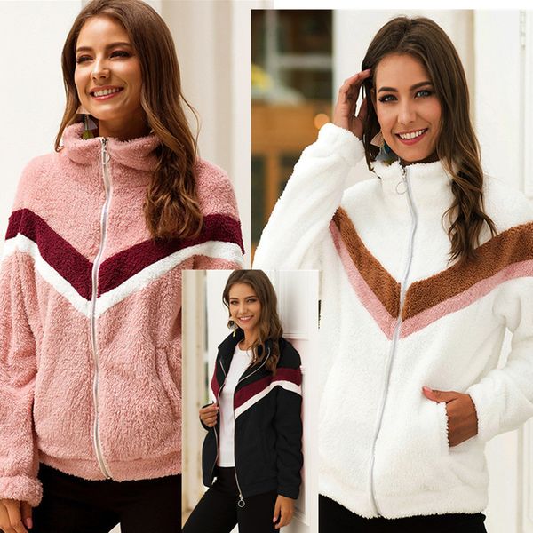 

contrast color stripes sherpa fleece winter coat womens turtleneck zipper jacket s-xxl plush hoodies with pocket fashion outwear ly1020, White