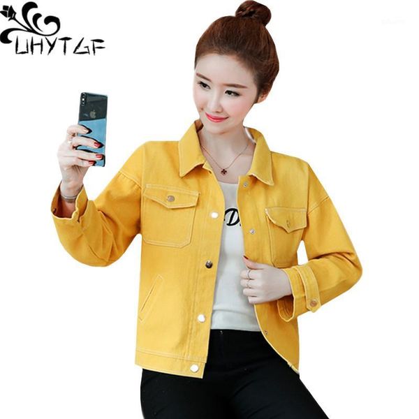 

uhytgf casual jeans jacket women spring autumn jacket red yellow short outerwear loose plus size coats jaqueta feminina 4421, Black;brown