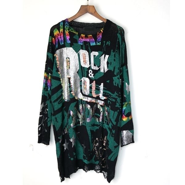 

letter bronzing hole sweater knitted pullover elegant autumn korea fashion minority casual loose sweater 201201, White;black