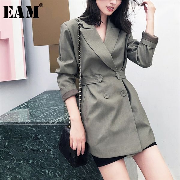 

[eam] women green button split leisure blazer new lapel long sleeve loose fit jacket fashion tide spring autumn lj200815, White;black