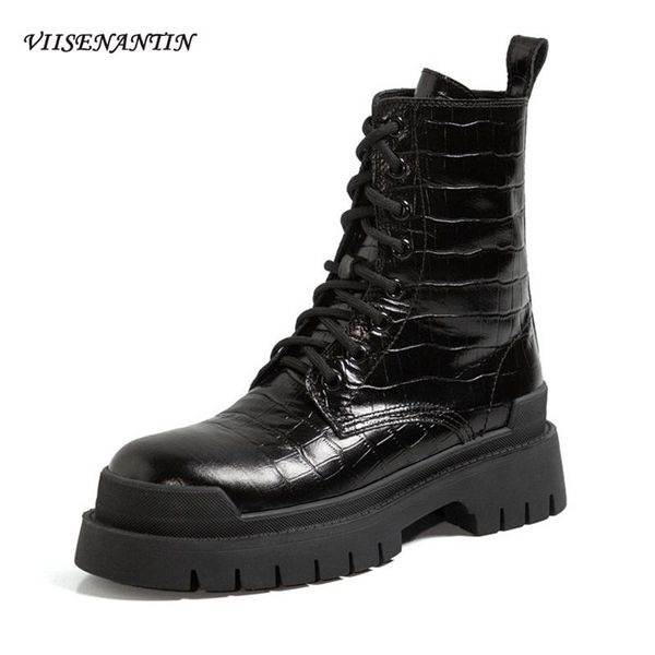 

камень шаблон ботильоны женщина британского стиль кожа толстой подошва шнуровка сапоги осень и зима нового красивый мотоцикл, Black