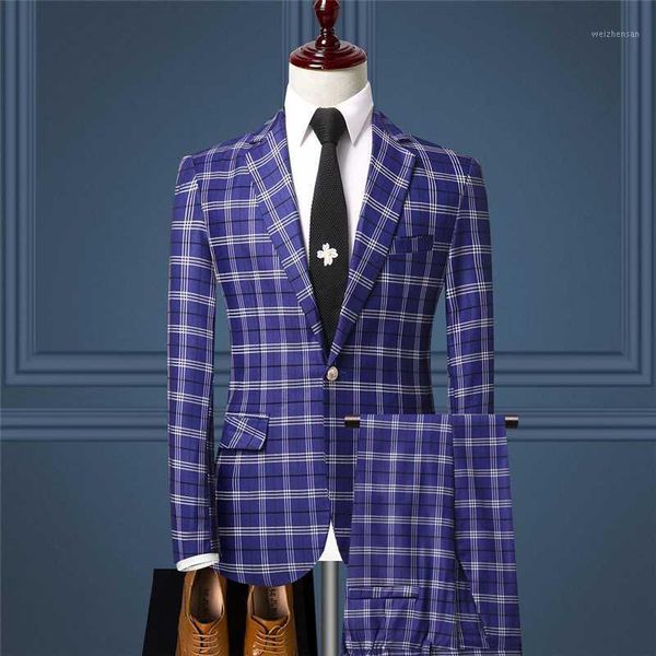 

men's suits two-piece (jackets + pants) men's groom wedding dress plaid formal suits set men fashion casual business1, White;black
