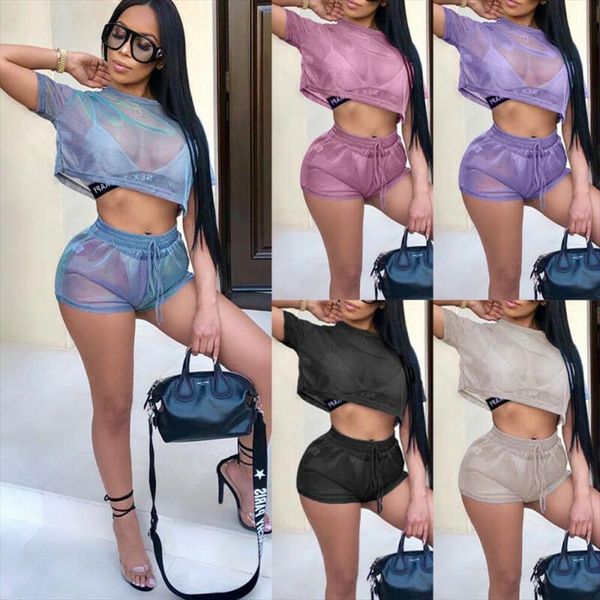 

women 2 piece hollow mesh crop shorts set transparent underwear set jumpsuit romper short sleeve uk szie 6 14, Gray