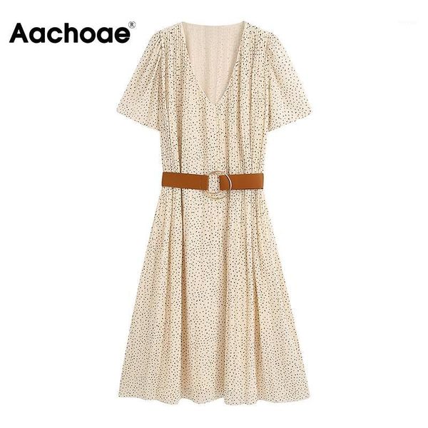 

aachoae v neck printed elegant dress woman short sleeve casual pleated dress with belt apricot color female beach midi dresses1, Black;gray