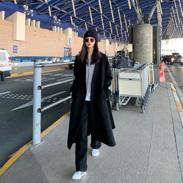 

black double-sided tweed coat women's new winter 2021 mid length tweed coat1