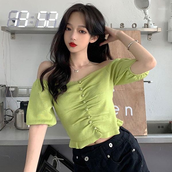 

women's sweaters summer knitted clothing korean style slash neck lantern sleeve crop casual fashion brand, White;black
