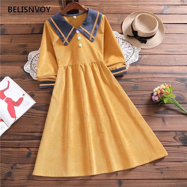 

casual dresses autumn winter mori girl cute corduroy sweet dress japan style sailor color elegant vintage preppy women vestidos, Black;gray
