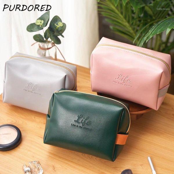 

purdored 1 pc solid color makeup bag for women soft leather waterproof cosmetic bag travel large makeup storage organizer1
