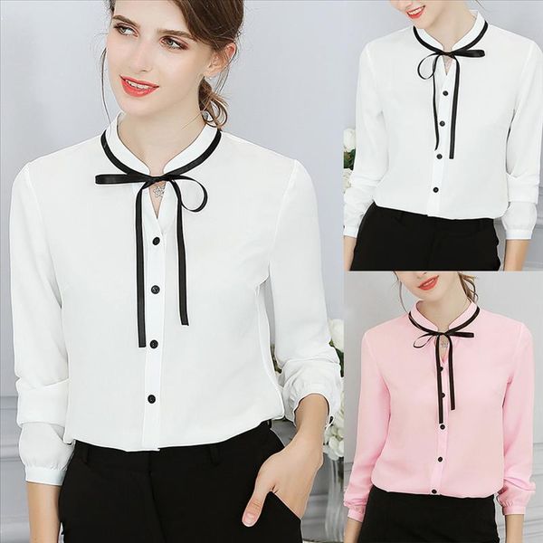 

solid bow tied womens shirt blouses for women with vneck and long sleeves elegant ladies clothing female office blouse, White