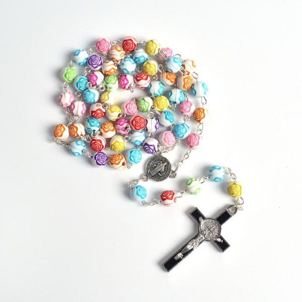 

fashionable religious acrylic rose shape colorful rosary necklace st benedict rosary centerpiece, Silver
