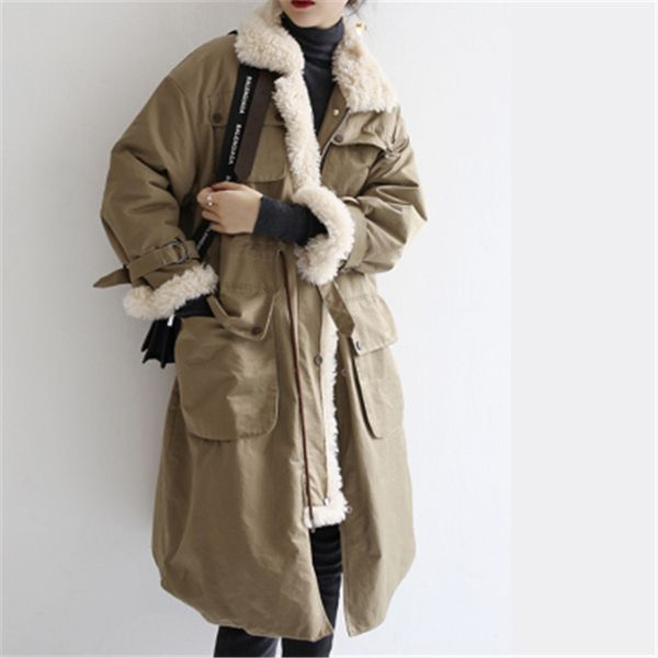 

temperament lamb wool coat long parkas women winter jacket and coats trench coat style lace-up tunic thick jacket with pocketsx1016, Black;brown
