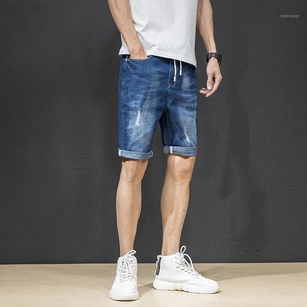 

fashion mens summer holiday denim shorts casual knee length stretch short jean pants men clothing ripped jeans pantalones hombre1, Blue