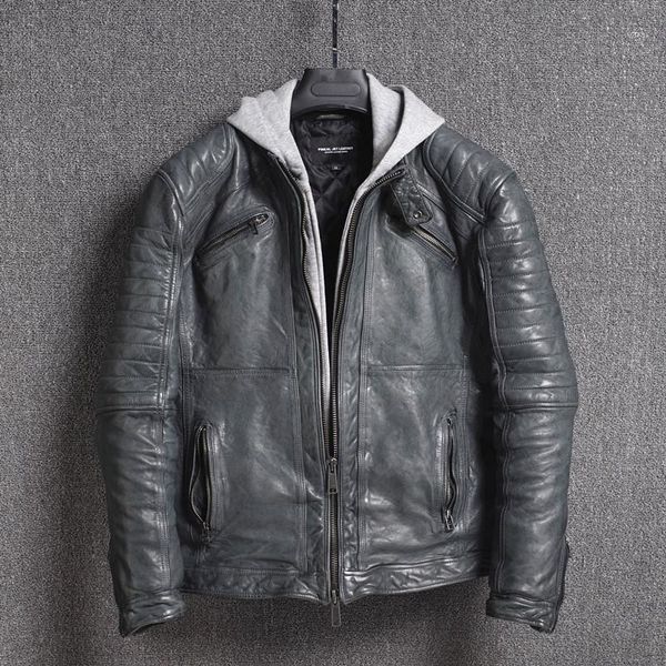 

2020 genuine leather jacket men vintage sheepskin coat korean motorcycle jacket spring autumn hooded veste cuir homme kj41271, Black