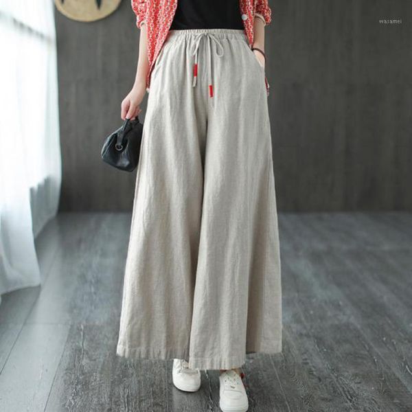 

johnature 2020 autumn new cotton linen full length elastic waist drawstring wide leg pants loose leisure all-match women pants1, Black;white