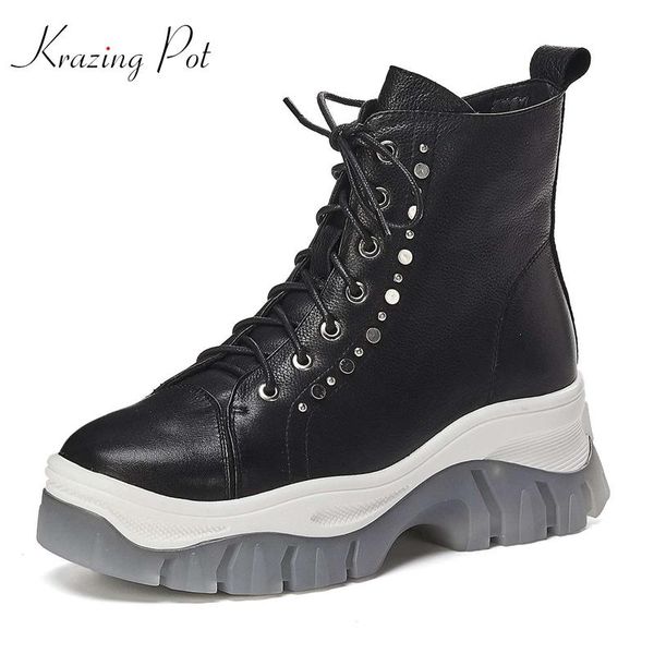 

boots krazing pot full grain leather cross-tied lace up rivets beading thick bottom high heels round toe preppy style ankle l41, Black