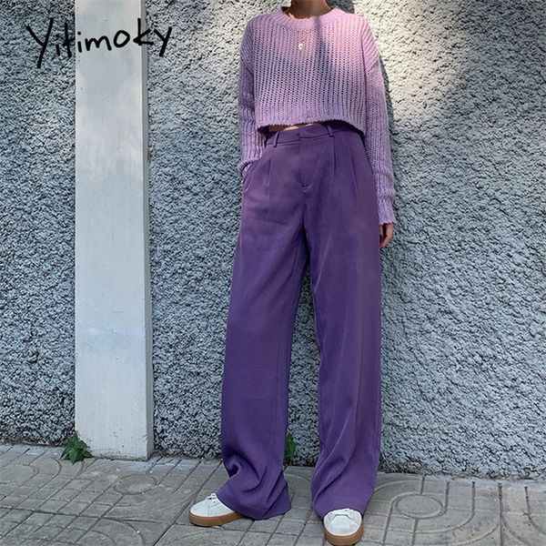

purple wide leg pants women plus size s- black trousers office suit pants streetwear straight harajuku formal high waist pant lj201029, Black;white