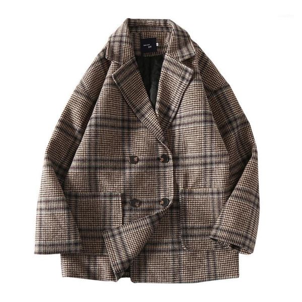 

2020 autumn and winter new fashion boutique wool woolen men's lapel windbreaker jacket long section lattice couple windbreaker1, Black