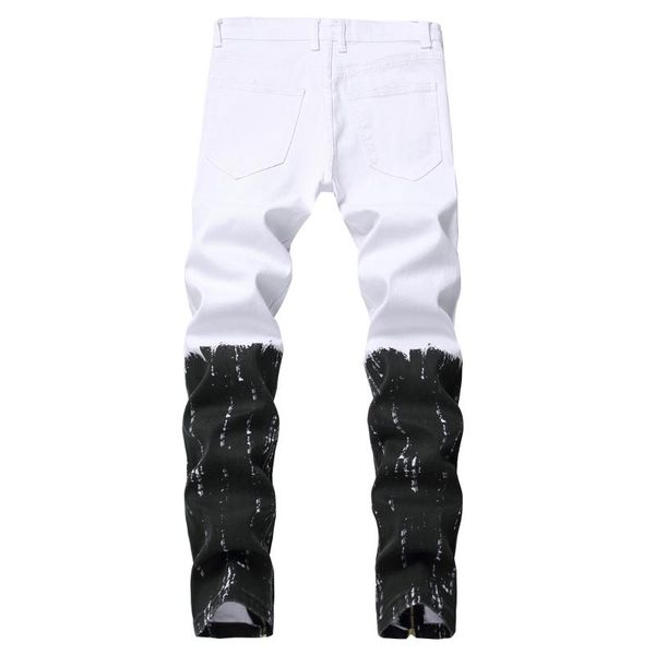 

new men's male casual fashion printed zipper white jeans ripped holes painted black silver denim pants trousers, Blue