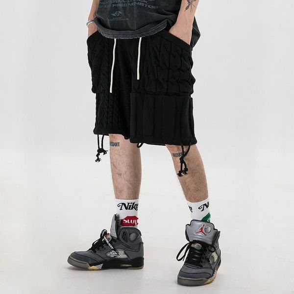 

male streetwear hip hop vintage fashion casual drawstring cargo shorts men's summer knitting pocket sports shorts, White;black