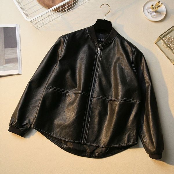 

2021 autumn new plutonium of short casual women soft from female basic lady biker leather jacket 63rr, Black