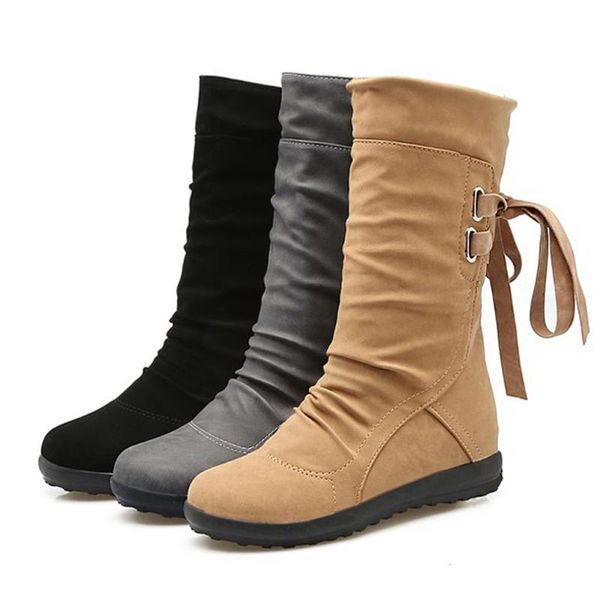 

women mid-calf boots fashion pu leather slip on back lace up winter boots casual platform low heels black brown solid shoes 2021