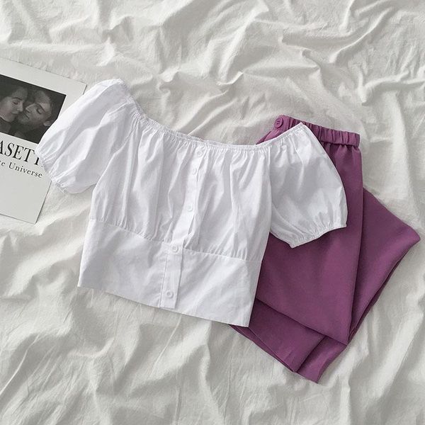 

summer fashion pant set women white slash neck short + high waist wide leg purple pant trouser two pieces set matching1