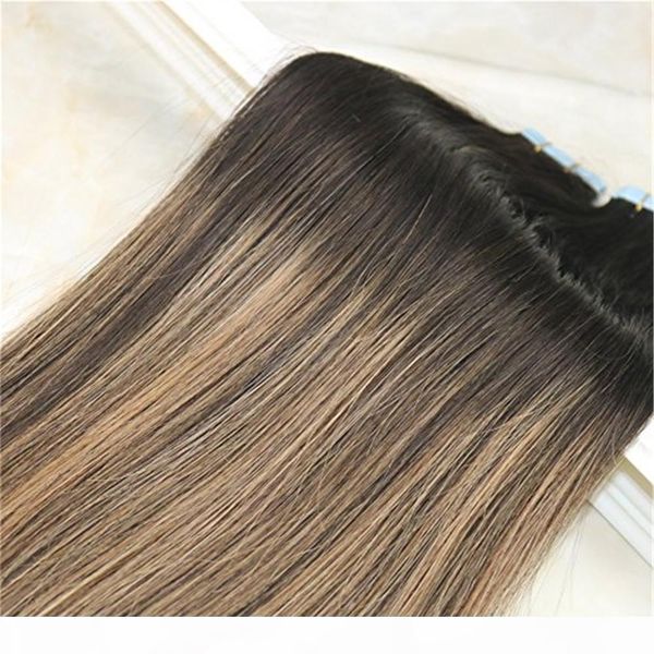 

remy tape in hair extensions human hair balayage color dark brown fading to light brown unprocessd human hair extensions seamless 100g 40pcs, Black