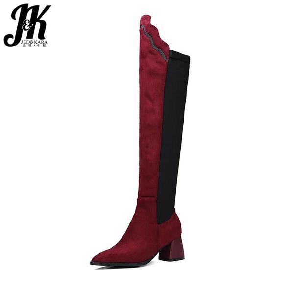 

boots jk winter over the knee women high heels pointed toe flock footwear short plush ladies fashion shoes, Black