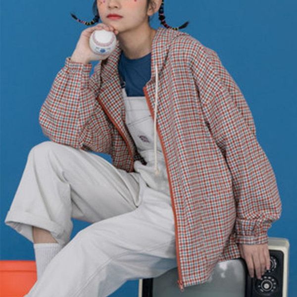 

checkerboard thin jacket women sunscreen checker casual drawstring harajuku plaid oversize coat grunge street style kg-183, Black;brown