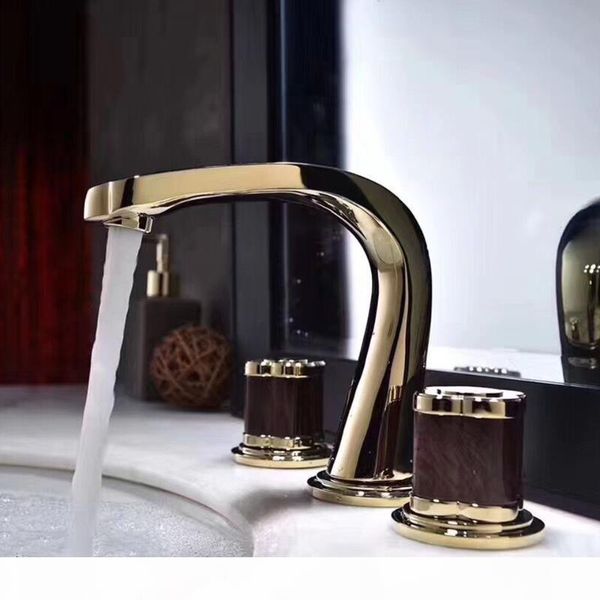 

bathroom sink faucet basin faucets brass gold paint 3 holes double handle luxury bathbasin bathtub taps and cold mixer water