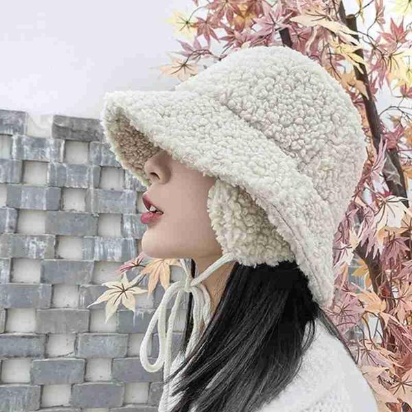 

winter hats women thick bucket hats with earmuffs solid color lamb hair bucket hat warm caps, Blue;gray