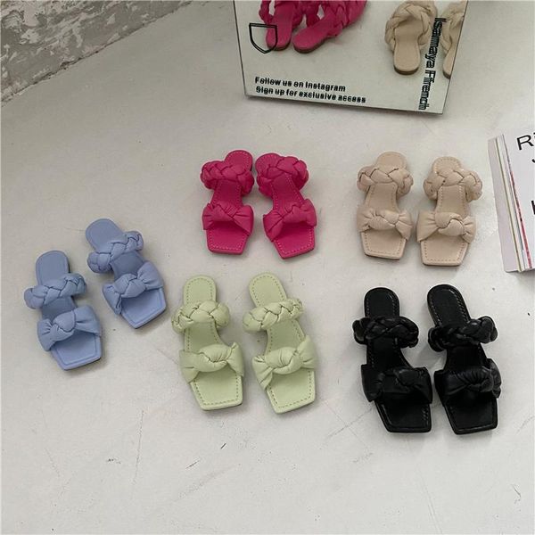 

monmoira narrow band knotted outdoor slippers women square open toe flat sandals women brand design summer slides shoes, Black