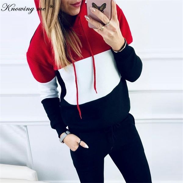 

women winter sport tracksuit sets lady casual autumn long sleeve thicken hooded sweatshirts 2 piece set female patchwork suits c1103, Gray
