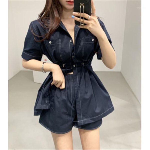 

2020 new arrival chic fashionable solid elegant fashion v-neck turn down collar high waist adjustable playsuits overalls1, Black;white