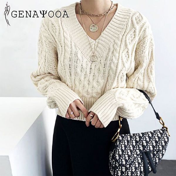 

genayooa knitted autumn winter sweater women sweaters and pullovers pull femme long sleeve lace up black jumper female 201023, White;black