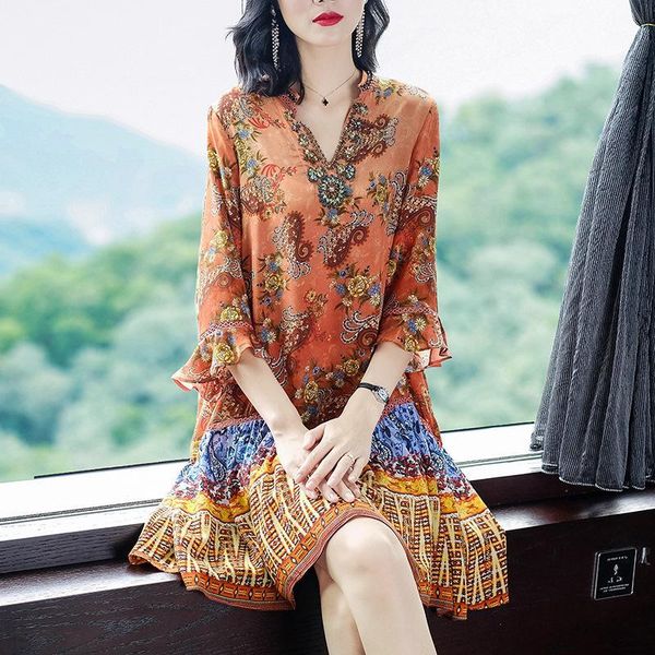 

casual dresses silk real 2021 100% women spring summer beach bohemian dress floral beaded party vestidos mujer 01217 kj1, Black;gray