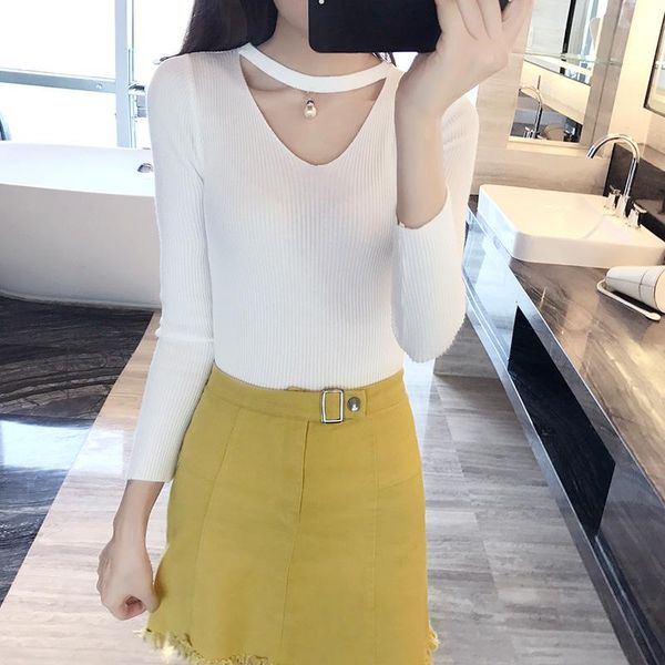 

2021 simple v-neck sweater women's autumn winter new thicken long sleeve all-match loose knitted base, White;black