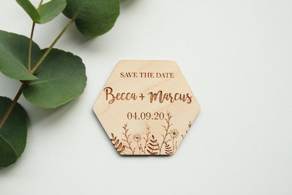 

hexagon flower save the date magnet, personalised wooden floral save the dates, botanical hippie boho wedding date magn