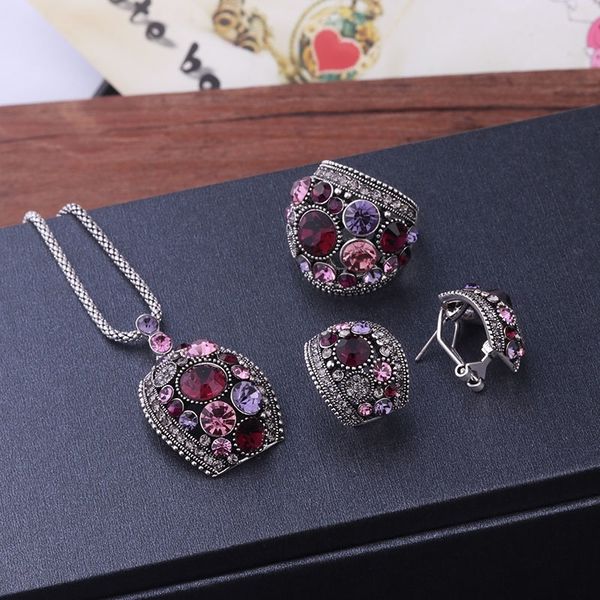 

sellsets jewellery antique gold / silver color vintage jewelry sets green crystal necklace stud earrings and ring set for women 201222, Slivery;crystal