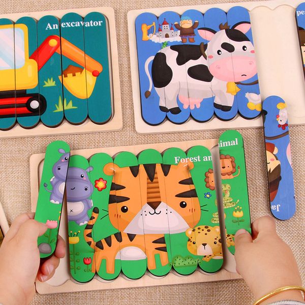 

kids animal 3d wooden puzzle montessori toy double-sided strip puzzle telling story stacking jigsaw children educational toy