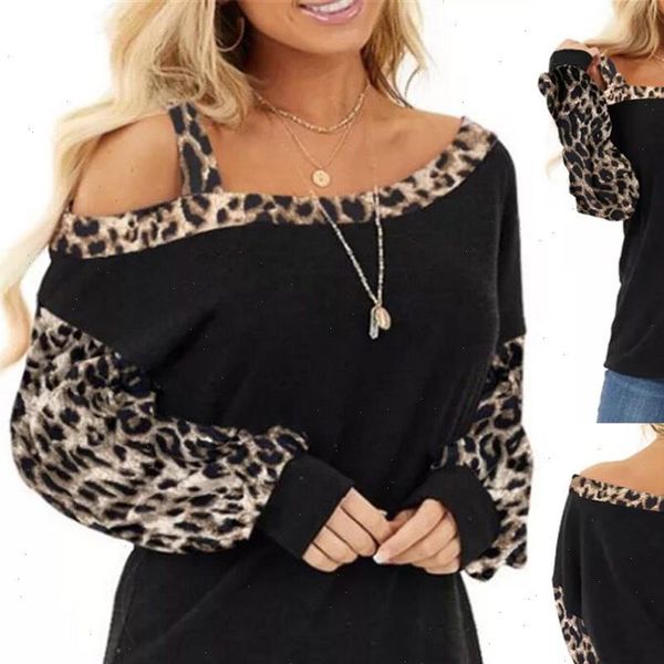 

blouse women 2021 women fashion leopard cold shoulder long sleeve loose pullover mujer blusas de mujer, White