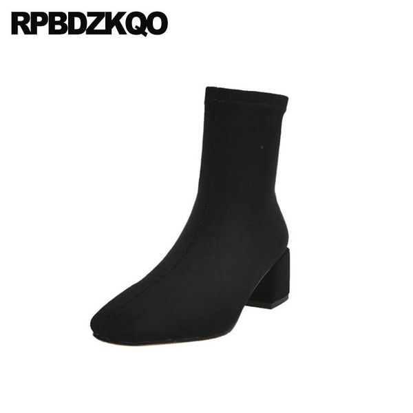 

boots thick black block women winter 2021 fashion suede brown shoes slip on fur square toe ankle high heel chunky short autumn